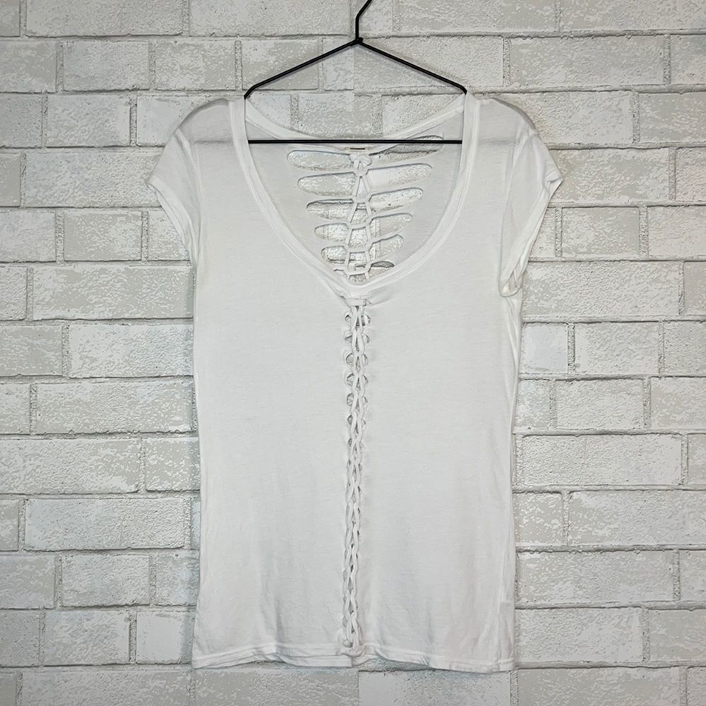 Monrow White Distressed Ladder Cotton Modal Short Sleeve Tee XS